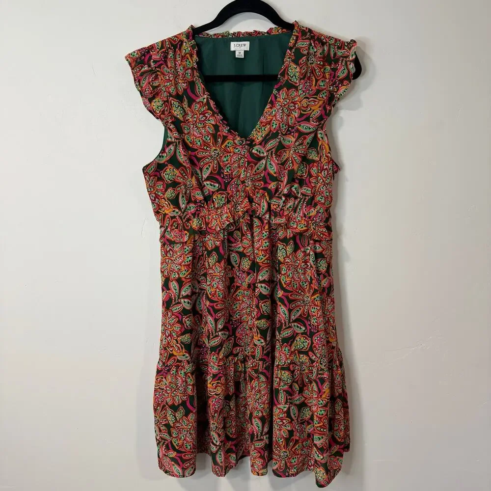 J Crew Womens Dress Ruffle V-neck Mini Pink Green Pattern Floral 12 Girly Flirty